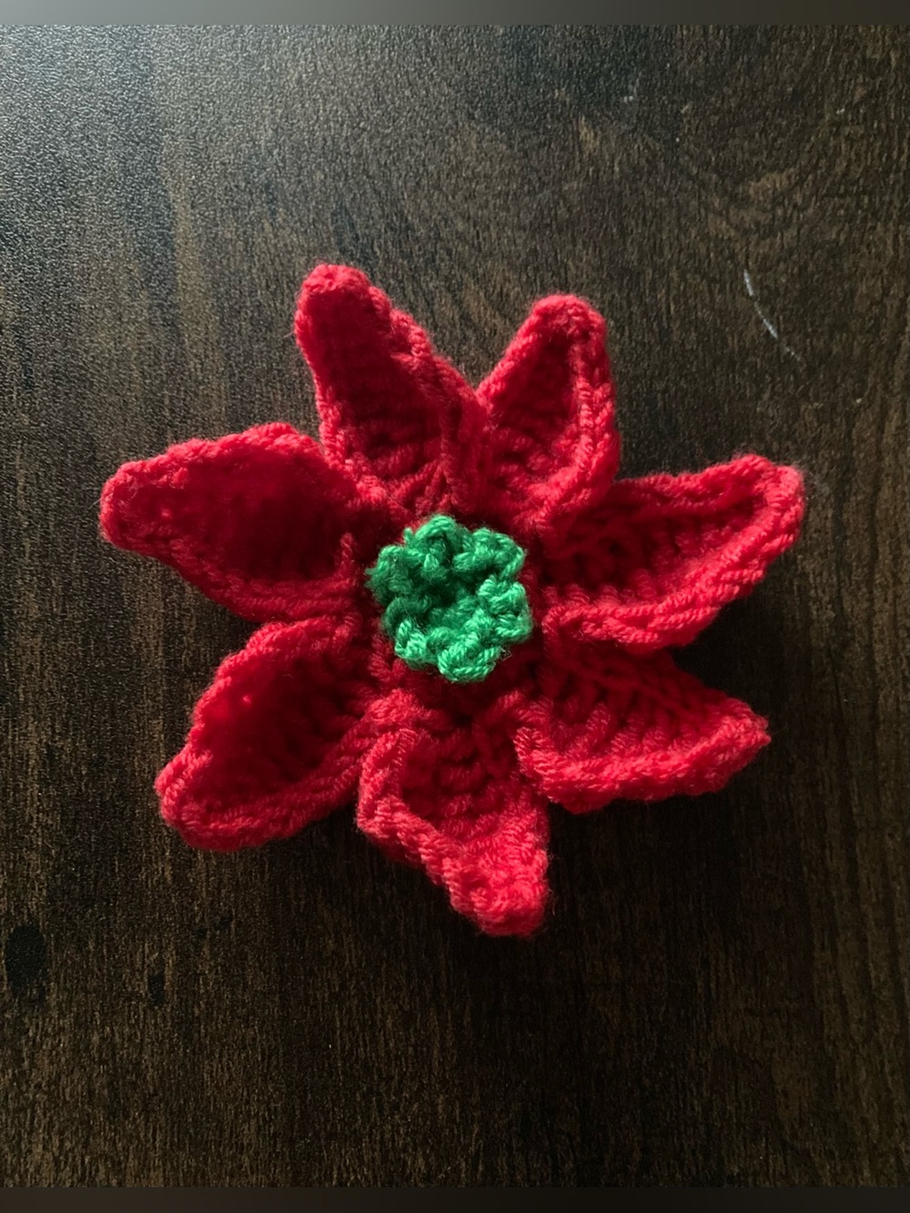 Handmade Red Crochet Flower Accent with Green Center